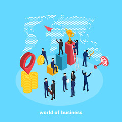 people in business suits perform various activities related to the business world, an isometric image