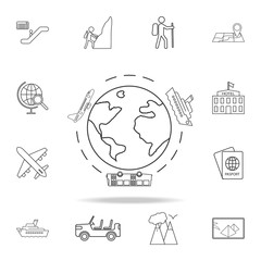 Travel around the world by airplane, bus and ship line Icon. Set of Tourism and Leisure icons. Signs, outline furniture collection, simple thin line icons for websites, web design