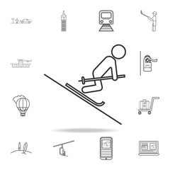 Fototapeta na wymiar Mountain skiing line icon. Set of Tourism and Leisure icons. Signs, outline furniture collection, simple thin line icons for websites, web design, mobile app, info graphics