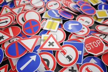 Background of many road signs. 3D rendered illustration.