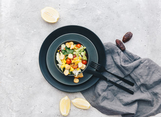 Flat Lay Salad with fresh summer vegetables, top view