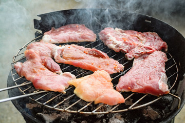 Grilled meat, pork, beef and chicken meat on barbecue, grill. Shallow depth of field.