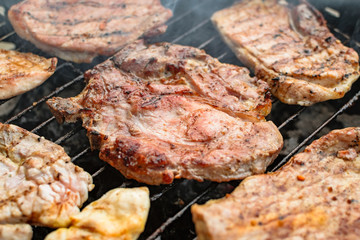 Grilled meat, pork, beef and chicken meat on barbecue, grill. Shallow depth of field.