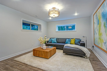 Bright modern family room interior with blue pillows on the sofa.