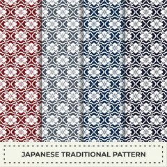 Japanese sashiko motif with stylized flowers. Seamless pattern. Traditional Japanese Embroidery Ornament. Abstract backdrop. For decoration or printing on fabric. Indigo background.