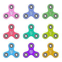Set of fidget spinners, vector hand gadgets made in realistic design with variety of colors. Isolated on white. Metallic toys with ball-bearings for relaxation, meditation, entertainment.