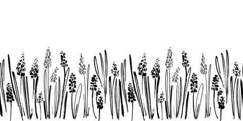 Vector seamless border with ink drawing hyacinths, herbs and flowers, monochrome artistic botanical illustration, isolated floral elements, hand drawn repeatable illustration.
