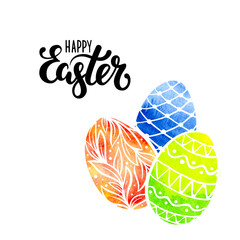 happy Easter Hand drawn calligraphy and brush pen lettering with watercolor eggs. design for holiday greeting card, invitation, posters, banners of the happy Easter day.