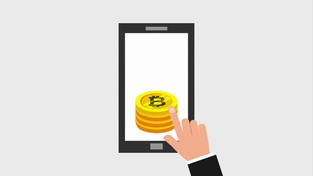 hand touch bitcoin in mobile phone screen animation