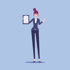 Smiling businesswoman holding in her hand a signed contract and showing thumbs up. A happy woman in formal wear and glasses is happy to sign the agreement vector flat illustration
