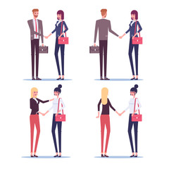 Set of greeting business people. Businessman and businesswoman shaking hands, two businesswomen greet each other flat vector illustration. Two pairs of office workers shake hands.