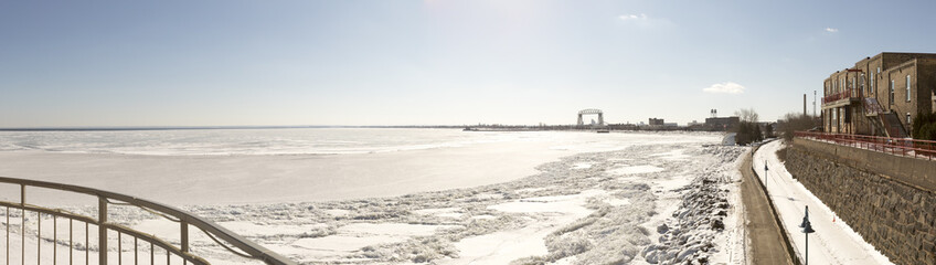 Panorama of frozen Lake Superior in Duluth, Minnesota