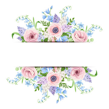 Vector Banner With Pink, Blue And Purple Flowers.