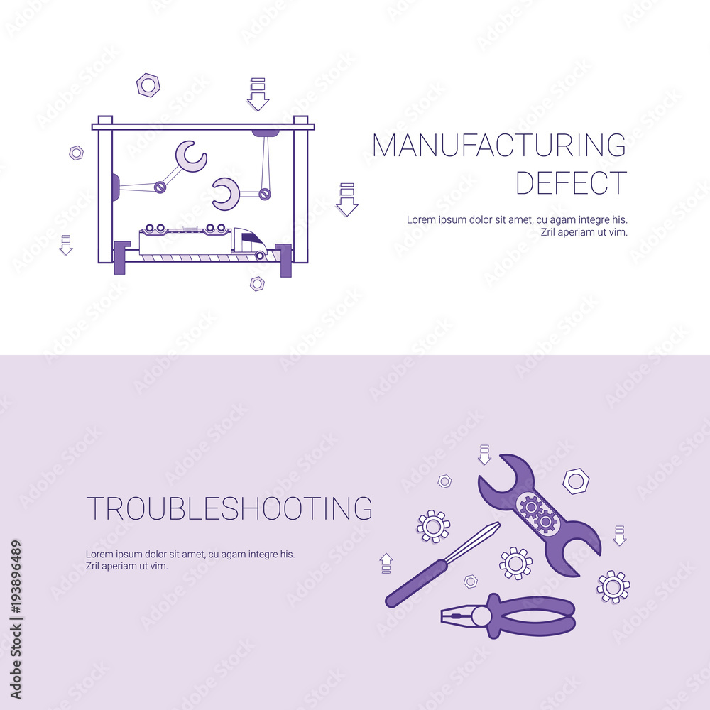 Aufkleber manufacturing defect and troubleshooting concept template web banner with copy space vector illustra