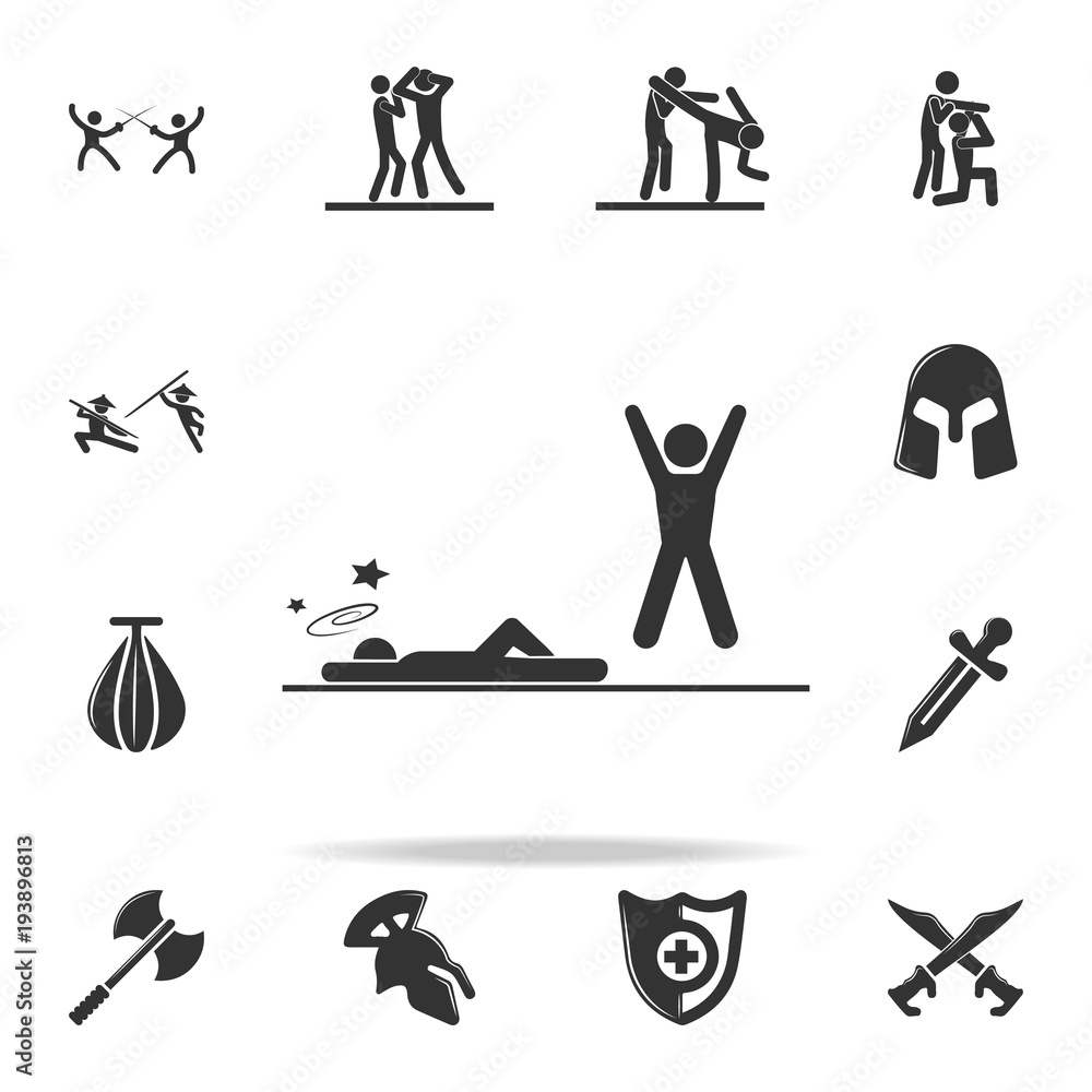 Poster knockdown in action icon. set of cfight and sparring element icons. premium quality graphic design. 