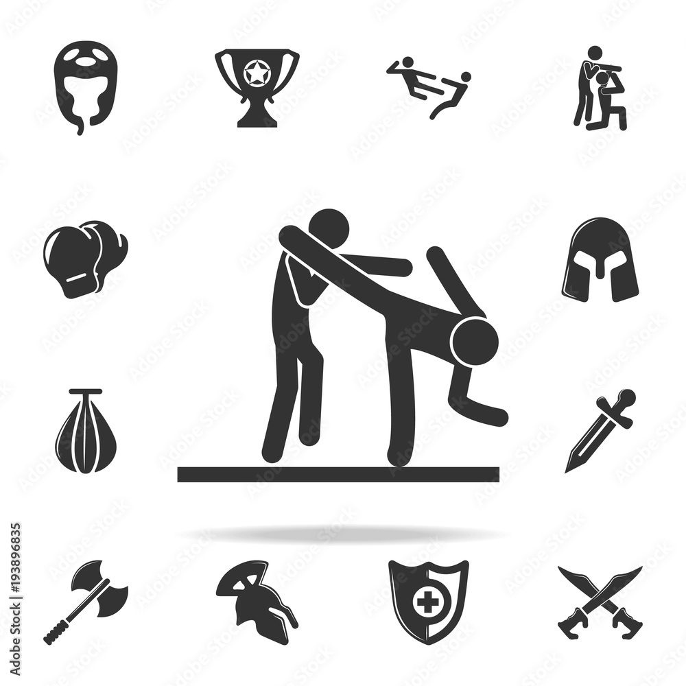 Poster knockdown in action icon. set of cfight and sparring element icons. premium quality graphic design. 