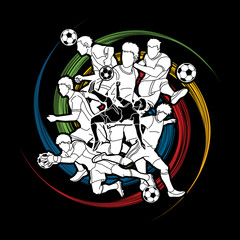 Soccer player team composition designed on spin wheel background graphic vector.