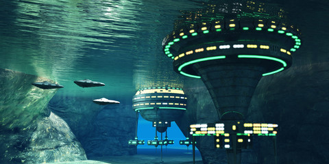 Underwater Alien Cave - Several spaceships leave an underwater alien city hidden in a coastal cave system here on Earth. © Catmando