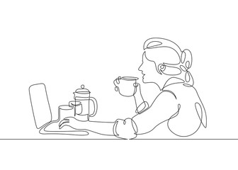 Continuous single line one morning, breakfast, meal character at the table. Coffee, fried eggs, tea, toast, juice.A girl drinks coffee and looks at a laptop reading.