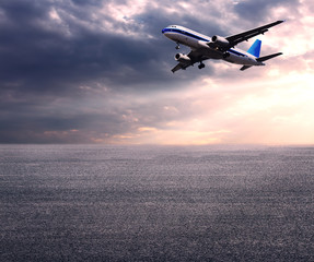 Transport, truck driving on the road, aircraft flying in the sky