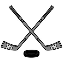Hockey Sticks and Puck Illustration - A vector cartoon illustration of a couple of Hockey Sticks and a Puck.