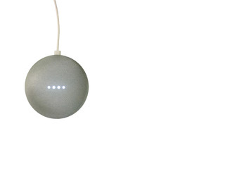 Smart speaker with LED lights activated, isolated on a white background. Left side.