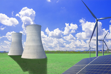 Solar, wind and nuclear power generation, new energy concept