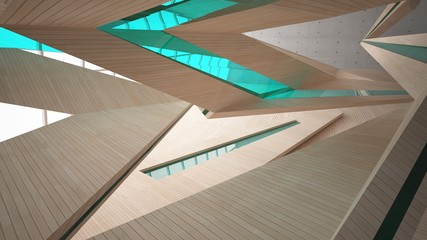 Abstract  concrete and wood parametric interior  with window. 3D illustration and rendering.