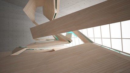 Abstract  concrete and wood parametric interior  with window. 3D illustration and rendering.