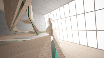 Abstract  concrete and wood parametric interior  with window. 3D illustration and rendering.