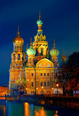 The Church of the Savior on Spilled Blood is one of the main attractions of St. Petersburg, Russia. The view at night close up
