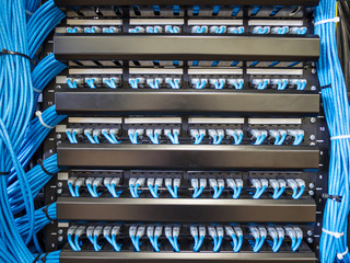 Ethernet cables and path panel in rack cabinet