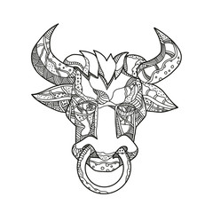 Doodle art illustration of head of Pinzgauer bull or cow, a breed of  domestic cattle from Pinzgau region, Austria front view in black and white done in mandala style.