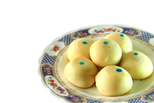 clipping paths with close up group mochi dessert in dish isolated on white background,moji dessert sweet for eating with coffee or tea,breakfast healthy food eat with a drink