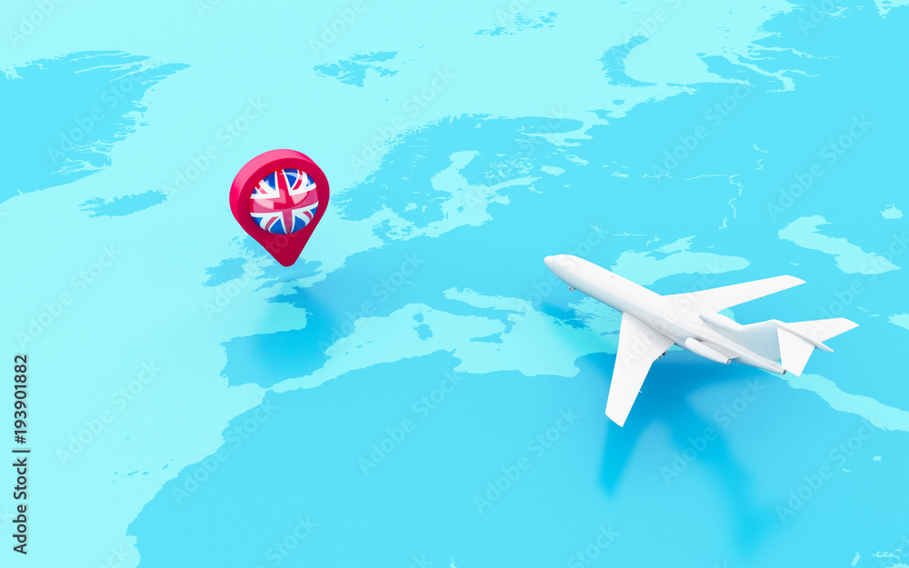 Poster 3d airplane and map pointer with flag of united kingdom.
