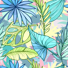 Fototapeta na wymiar vector seamless beautiful artistic bright tropical pattern with banana, Syngonium and Dracaena leaf, summer beach fun, colorful original stylish floral background print, fantastic forest