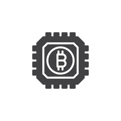 Bitcoin and asic chip vector icon. filled flat sign for mobile concept and web design. Cryptocurrency mining hardware simple solid icon. Symbol, logo illustration. Pixel perfect vector graphics
