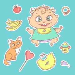 Vector set of color sketch illustrations stickers joyful child and kitten. Baby bottle with water or milk, other food. The flat chubby funny curly kid with big eyes and red cat