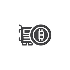 Bitcoin and video graphics card vector icon. filled flat sign for mobile concept and web design. Cryptocurrency mining hardware simple solid icon. Symbol, logo illustration. Vector graphics