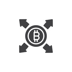 Bitcoin with all direction arrows vector icon. filled flat sign for mobile concept and web design. Cryptocurrency money spread simple solid icon. Symbol, logo illustration. Vector graphics