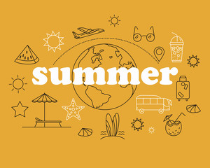 Thin Line Style Vector Summer Illustration with travel icons.