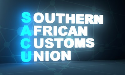 Acronym SACU - Southern African Customs Union. Business conceptual image. 3D rendering. Neon bulb illumination. Global teamwork.