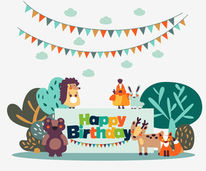 Happy birthday - lovely vector card with funny cute animals and garlands