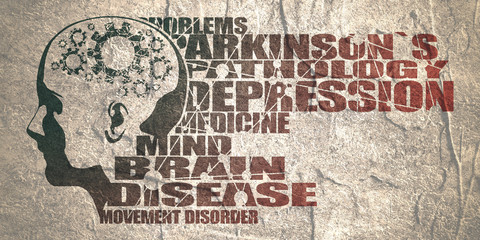 Abstract illustration of a human head. Woman face silhouette. Medical theme creative concept. Parkinsons syndrome disease tags cloud. Damaged gears in brain as symbol of mental disease
