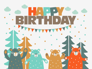 Happy birthday - lovely vector card with funny cute bears in forest and garlands