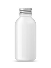 Ads template, blank skin care mockup with realistic white glass bottle with aluminum twisting cover for liquid gel, soap, lotion, cream, shampoo, bath foam and other cosmetics