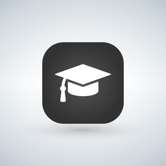 White Graduation Cap icon on black app web button, vector illustration.