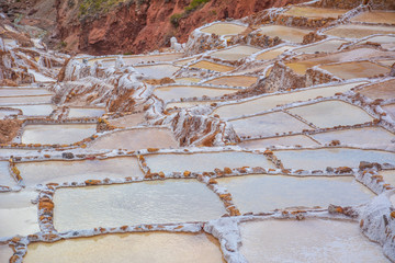 Closer view of the Salinas Maras in Cusco, South America