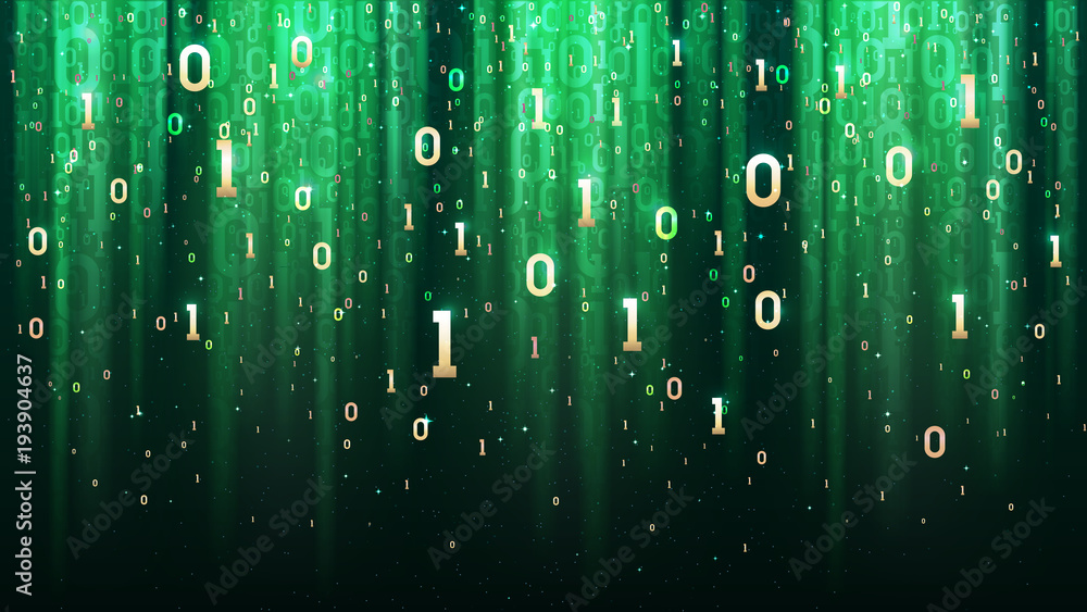 Poster dark green background with binary code, sequins, light rays, gold digits in space