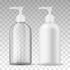 Ads template mockup two realistic plastic bottles with dispenser airless pump transparent and white for liquid gel, soap, lotion, cream, shampoo, bath foam and other cosmetics